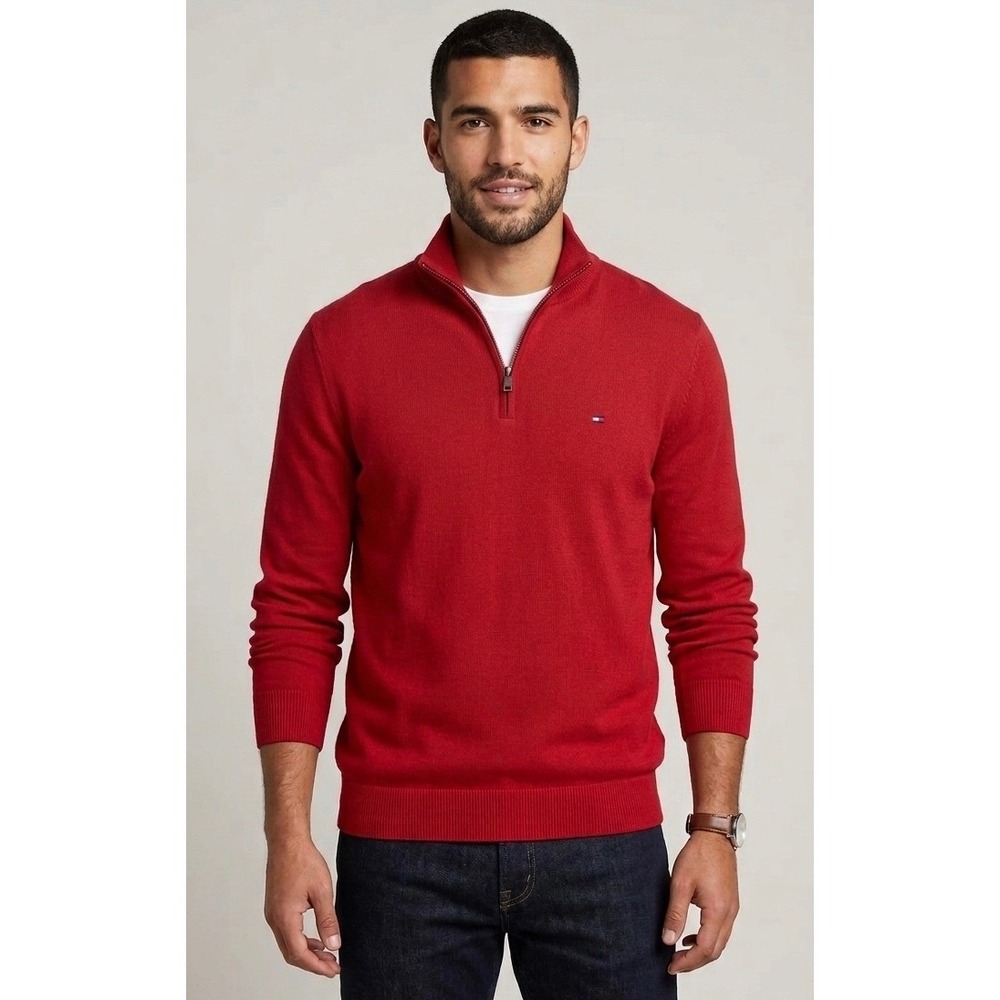 Tommy Hilfiger Quarter Zip Sweater Mens Large Classic Red Mock Neck Pullover